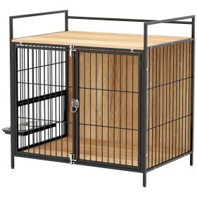 PawHut 30 Inch Dog Crate Furniture, Indoor Pet Kennel Side Table with Rotatable Bowls, 2 Anti-Escape Doors, for M Dogs, Oak PawHut 30 Inch Dog Crate Furniture, Indoor Pet Kennel Side Table with Rotatable Bowls, 2 Anti-Escape Doors, for M Dogs, Oak